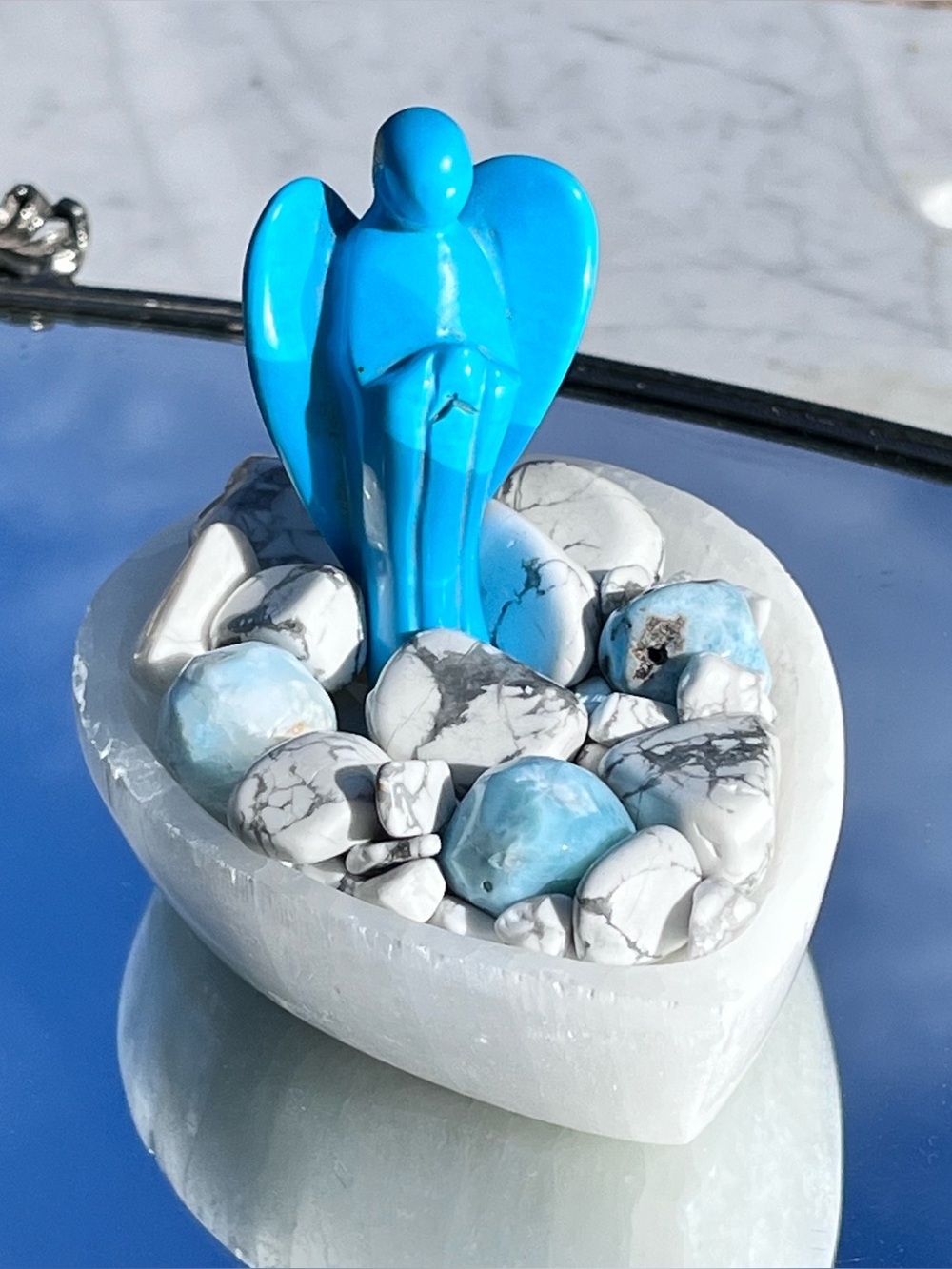 Selenite Teardrop Dish, Turquoise Praying Angel, Howlite Tumbles, Larimar Turq